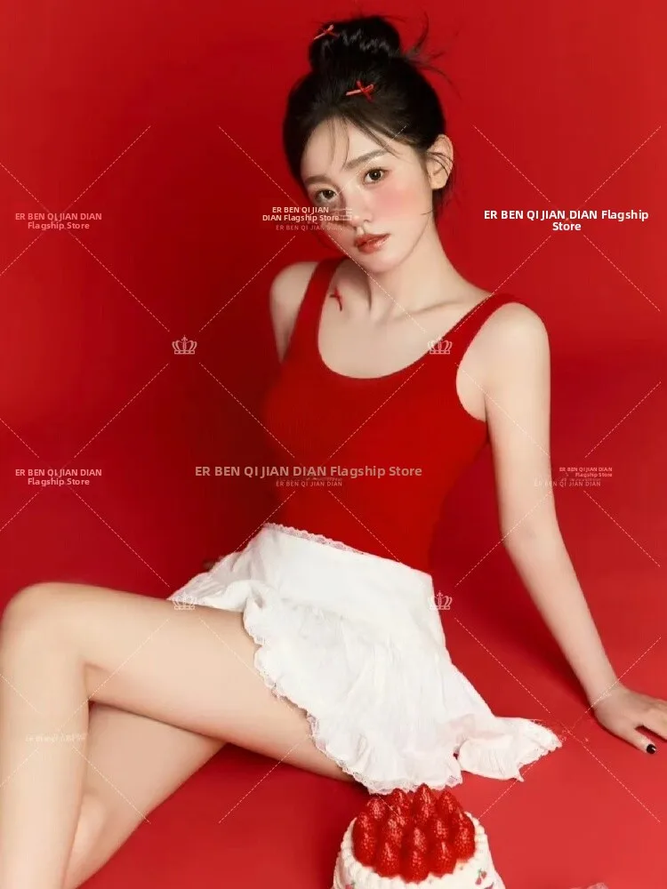 

Red Birthday Theme Photography Clothing Korean Style Artistic Sweet Individual Portrait Studio Fashionable Polyester Fabric