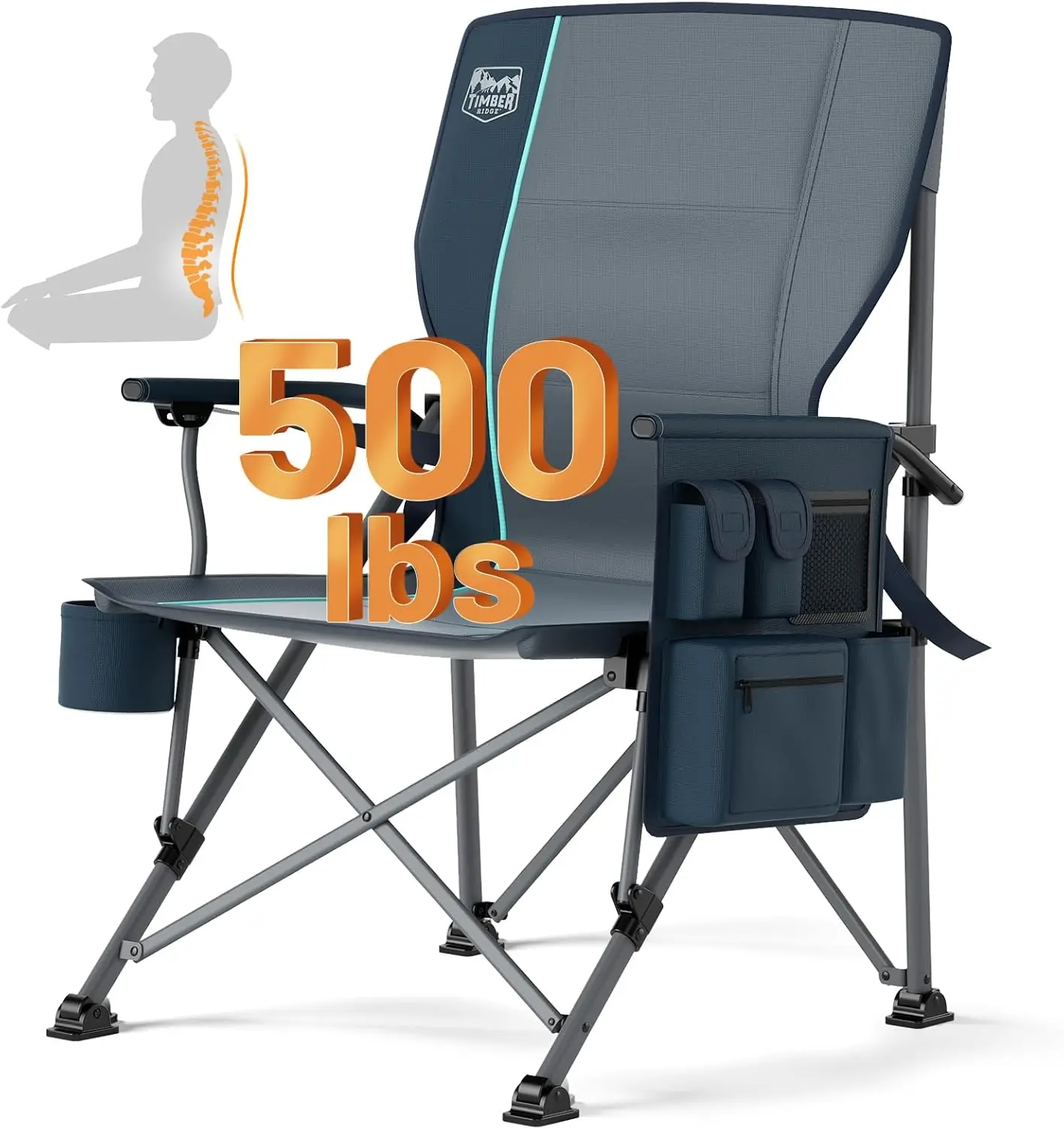 Oversized Folding Camping Chair with Lumbar Support Adjustable High Back Heavy Duty for Adults Support up to 500lbs