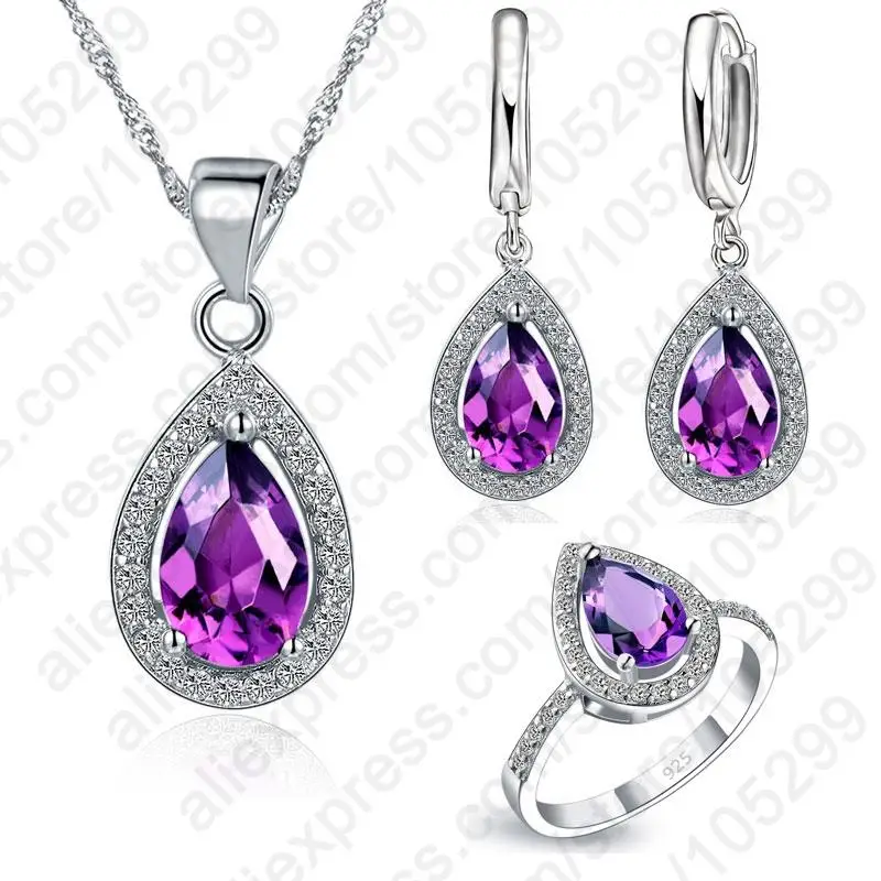 Purple Jewelry Sets Water Drop Cubic Zirconia CZ Stone 925 Sterling Silver Needle Earrings Necklaces Finger Rings US 6-9