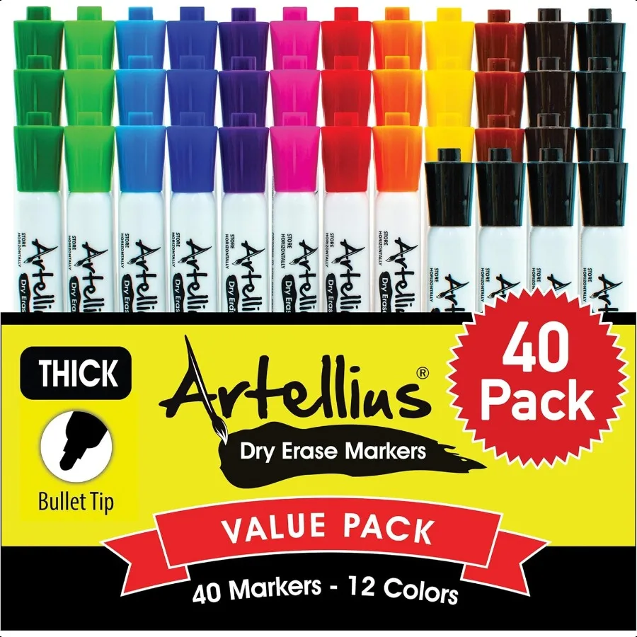 

40 Pack of Dry Erase Markers 12 ASSORTED COLORS W 7 EXTRA BLACK Thick Barrel Design Perfect Pens For Writing on Whiteboards Dry