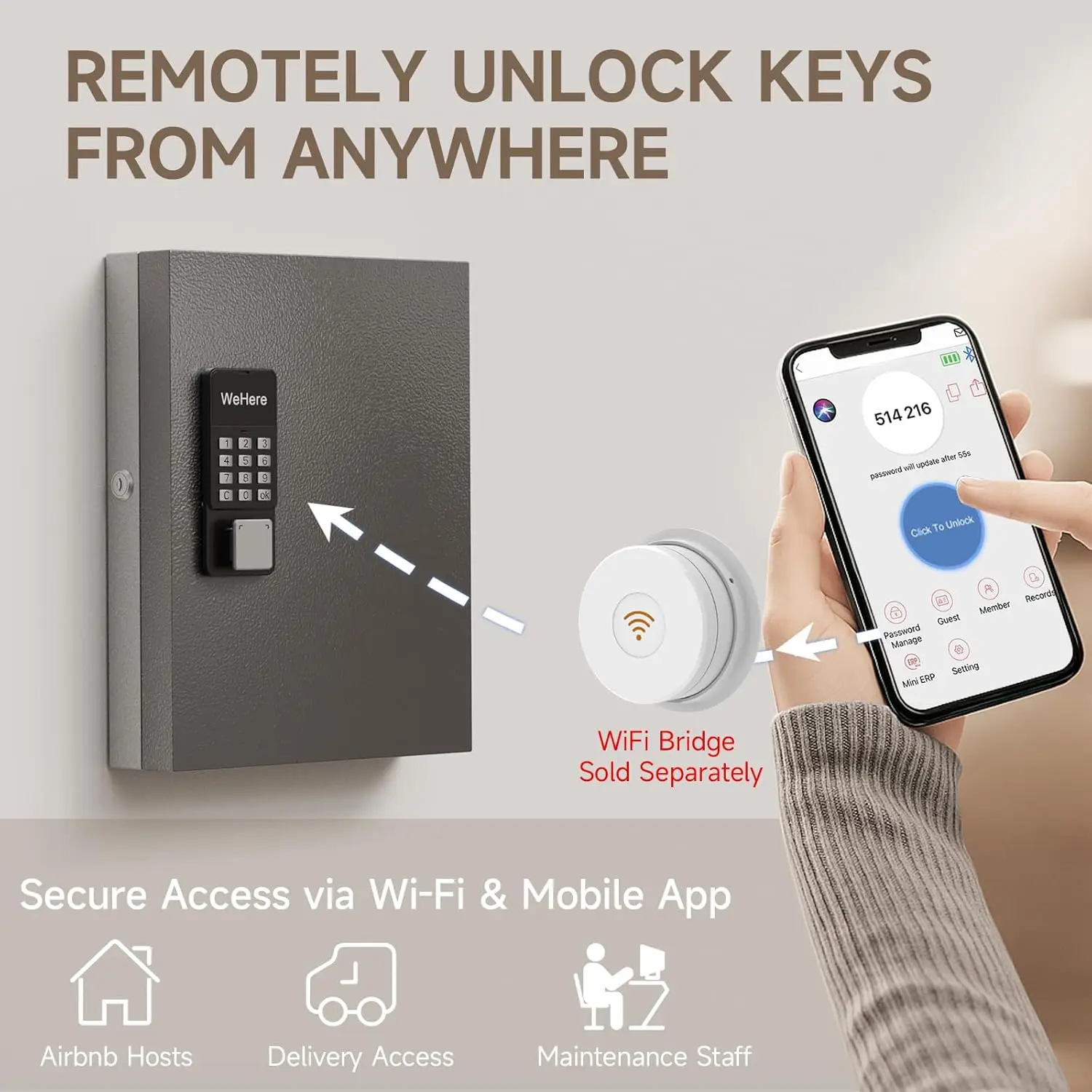 WeHere Remote authorization unlocking Smart Lock Box, 32 Keys Storage Cabinet Wall Mount,OTP/APP Bluetooth/WiFi/Code/Key Unlock