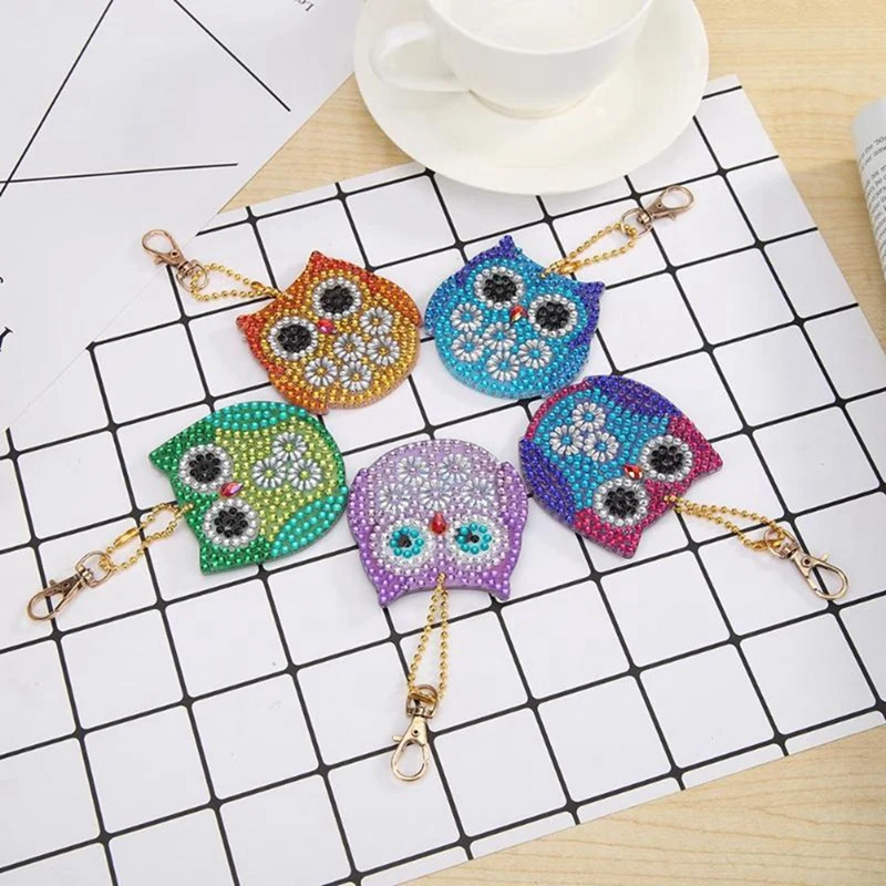 Top-5PCS Diamond Painting Owl Keychains Kit For Adults Kids Owl Key Chains DIY Diamond Art Pendant Crafts