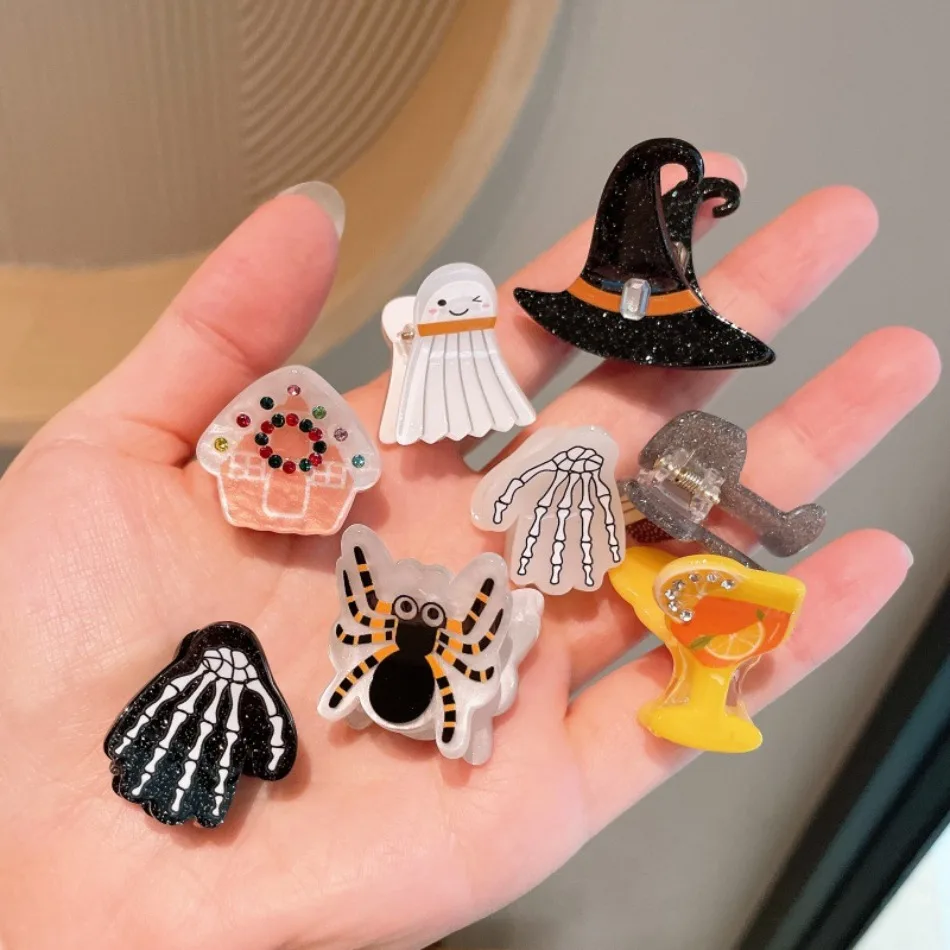 Spooky Kids Halloween Acrylic Mini Claw Clips Ghost Witch Hat Spider Skeleton Hand Barrettes Toddler Party Hair Accessory ZX07