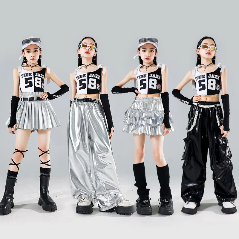 Girls Crop Top Pleated Skirts Street Dance Shorts Silver Pants Kids Hip Hop Jazz Clothes Sets Children Streetwear K-pop Costumes