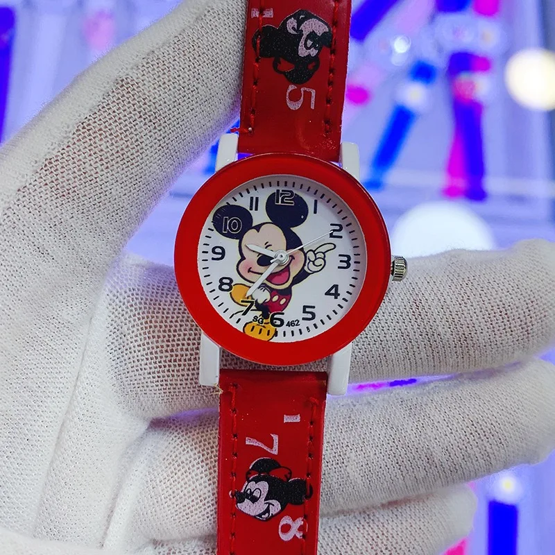 Детские часы с изображением Микки Диснея, кожаный ремешок, кварцевые часы для мальчиков и девочек, студенческие часы, праздничный подарок