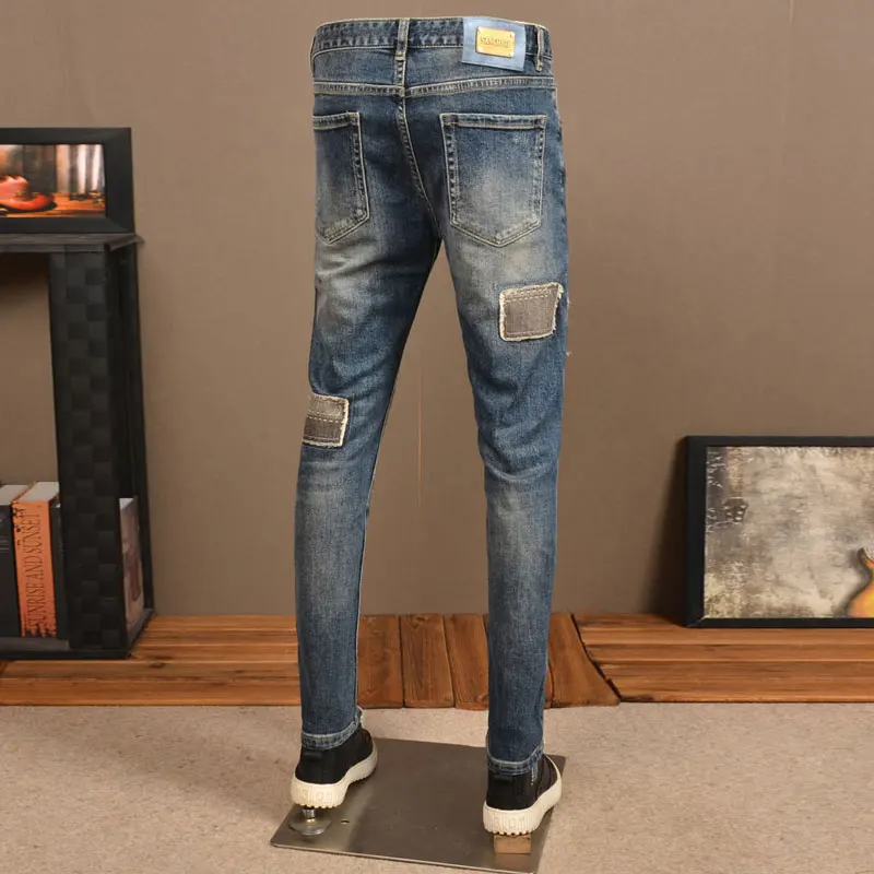 Italian fashion new men's jeans patch washed nostalgic stretch slim fit light blue jeans designer retro patchwork pants hombre - Image 3