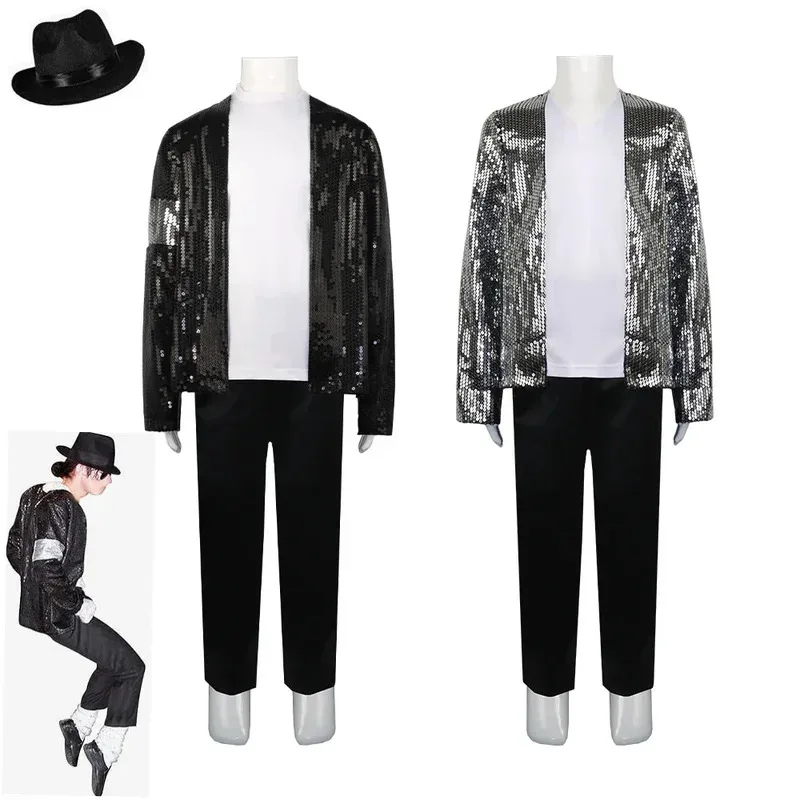 qq273Disfraz de Michael Jackson para niños y adultos, sombrero, guantes, gafas, traje para hombres y mujeres, ropa de actuación de cantante de escenario para Halloween