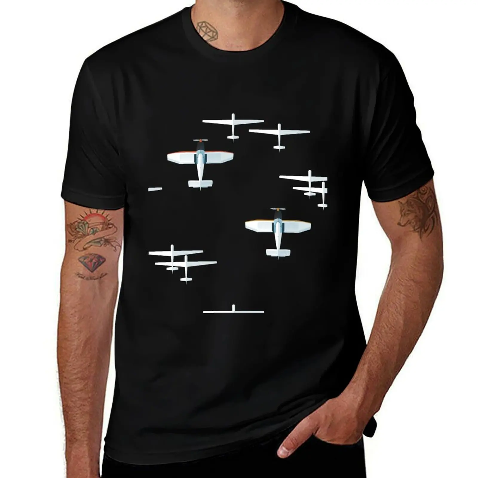 Robin airplanes and gliders fly in the sky. Serene and cute pattern. T-Shirt All Match Basic Short Sleeve Top
