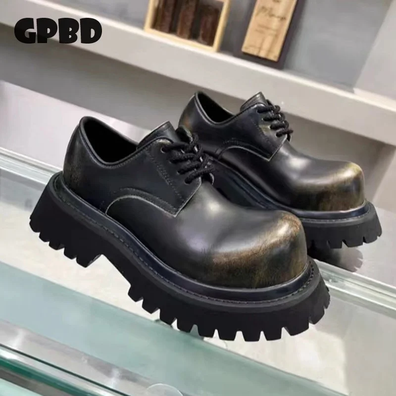 

GPBD Men's and Women's Large-head Derby Shoes 2025 Summer British-style Thick-soled Round-toe Coarse-heeled Small Leather Shoes