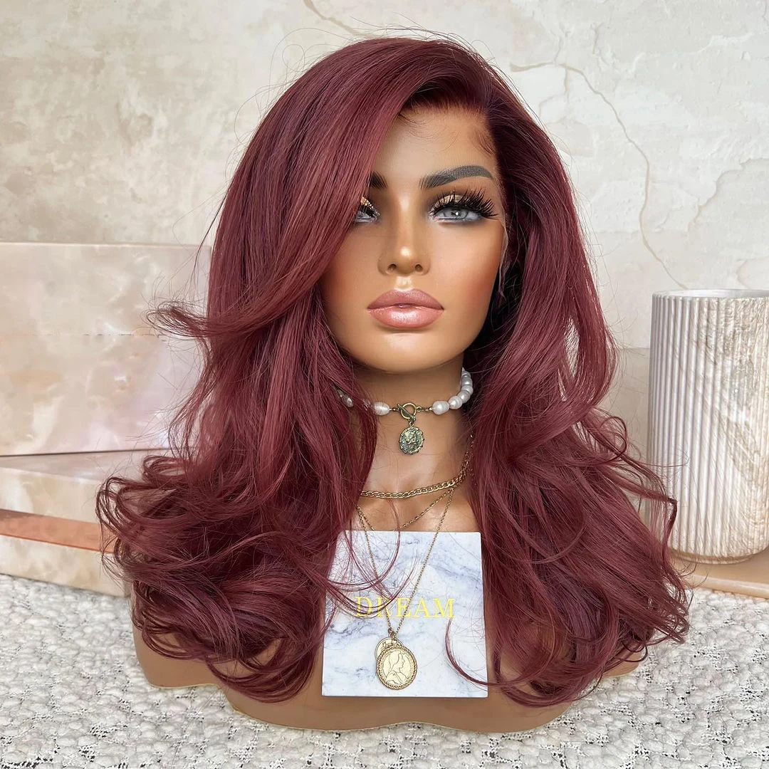 QW Burgundy 99J Wine Red Body Wave Synthetic Lace Front Wig  Black Hair Lace Frontal Wigs for Women Heat Resistant Fiber Cosplay