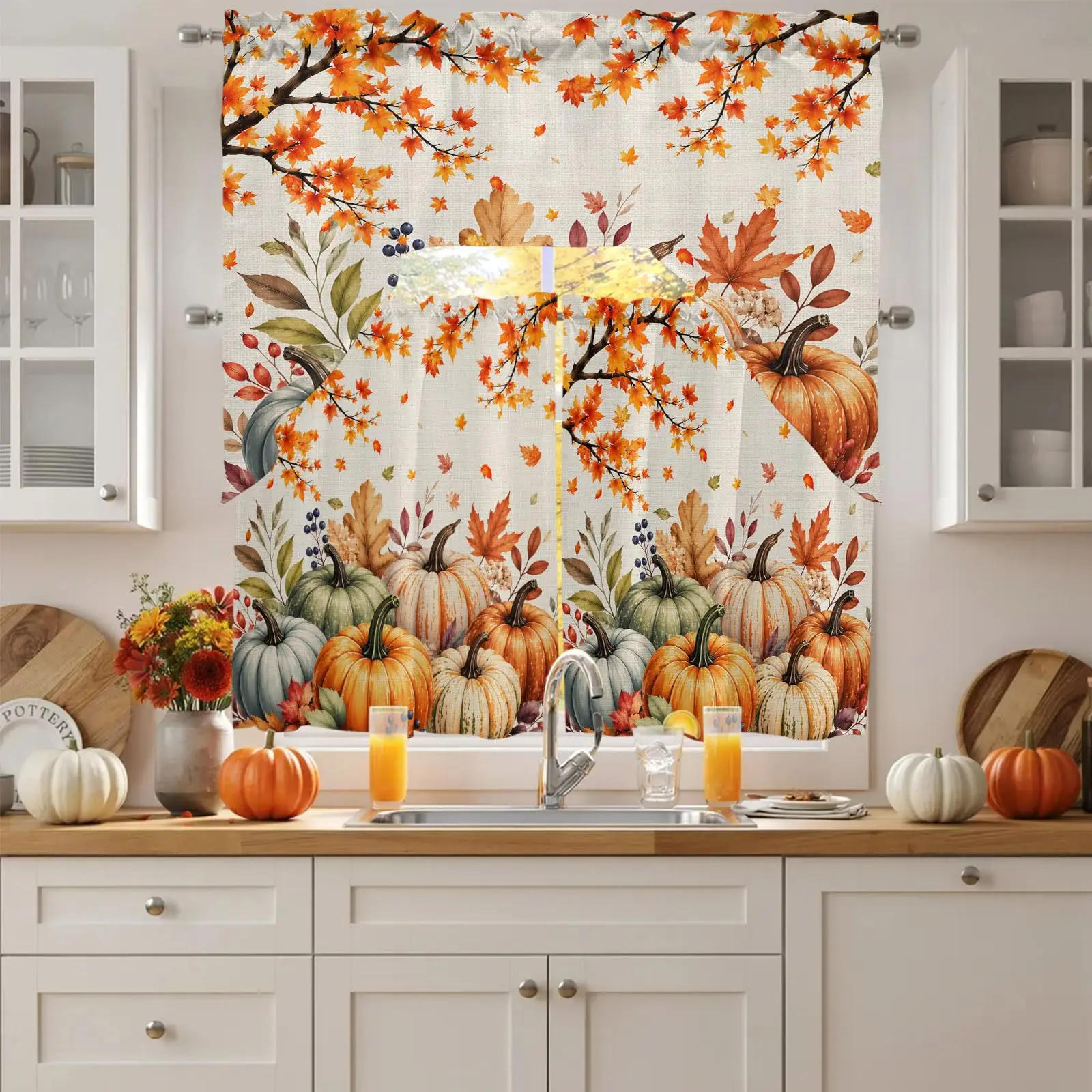 Orange Fall Kitchen Curtains Sets for Windows 3 Piece, Curtains and Valances Tier Set 24 Inch Length Thanksgiving Swag Curtain