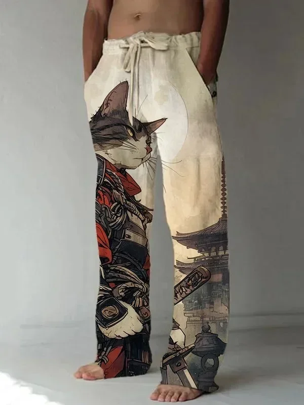 

Широкие брюки унисекс с принтом японского самурая-кошки, летние спортивные штаны в стиле Харадзюку для мужчин и женщин