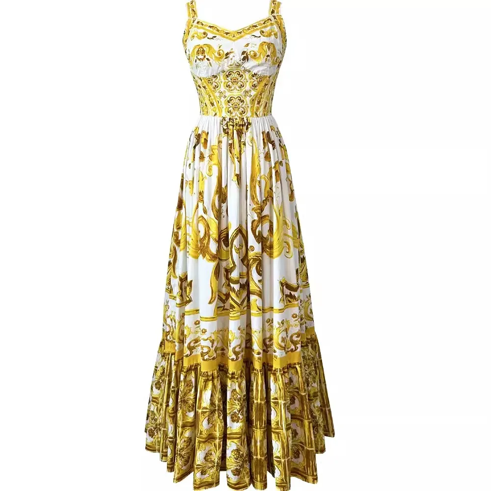 Vestido largo con estampado de porcelana azul y blanca para vacaciones de verano, vestido largo con tirantes finos y cuello en V para mujer, con cremallera en la espalda y relleno en las copas