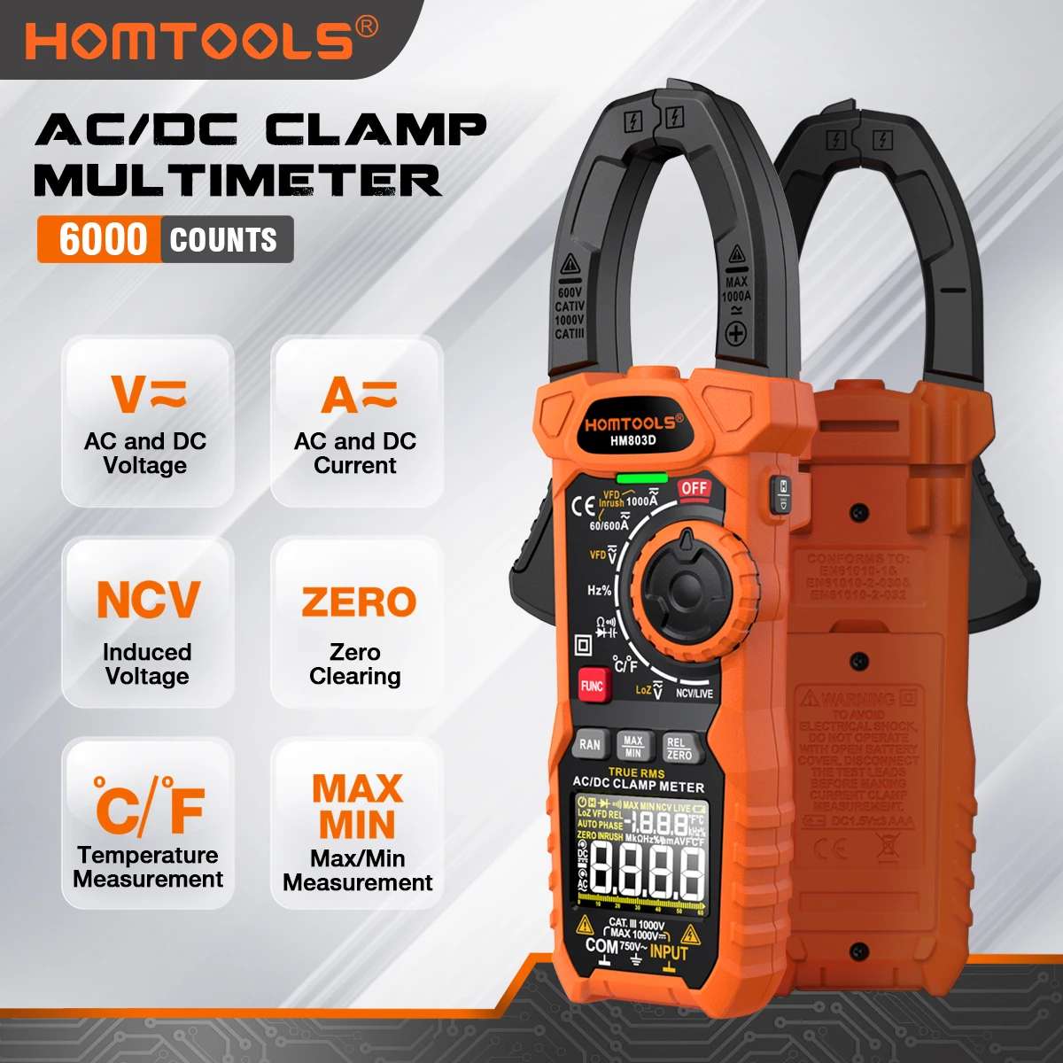 HOMTOOLS HM803D True RMS Digital Clamp Meter, AC DC arus 1000A 1000V Tang ammeter VFD diode 6000 hitungan klem amperimetri