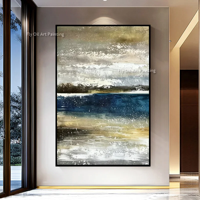 Neutral Tonal Morden Seascape Oil Painting Heavy Hand Made Palette Knife Textured Canvas Muted Coastal Scenery Wall Art Decor