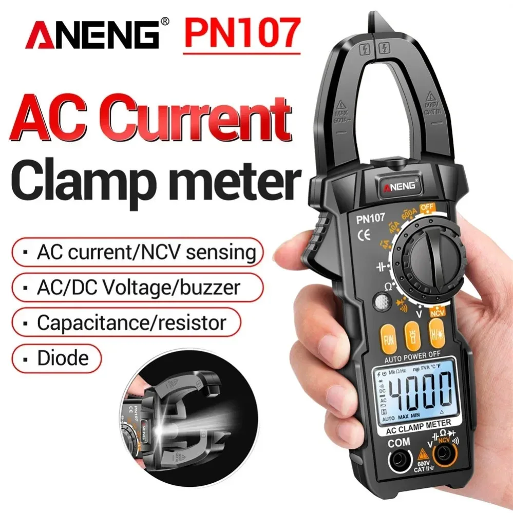 

Цифровой токоизмерительный мультиметр ANENG PN107 (клещи-амперметр) для измерения переменного тока, напряжения до 600В, True RMS, 4000 измерений, с функциями измерения электрической емкости и сопротивления (Ом-тест)