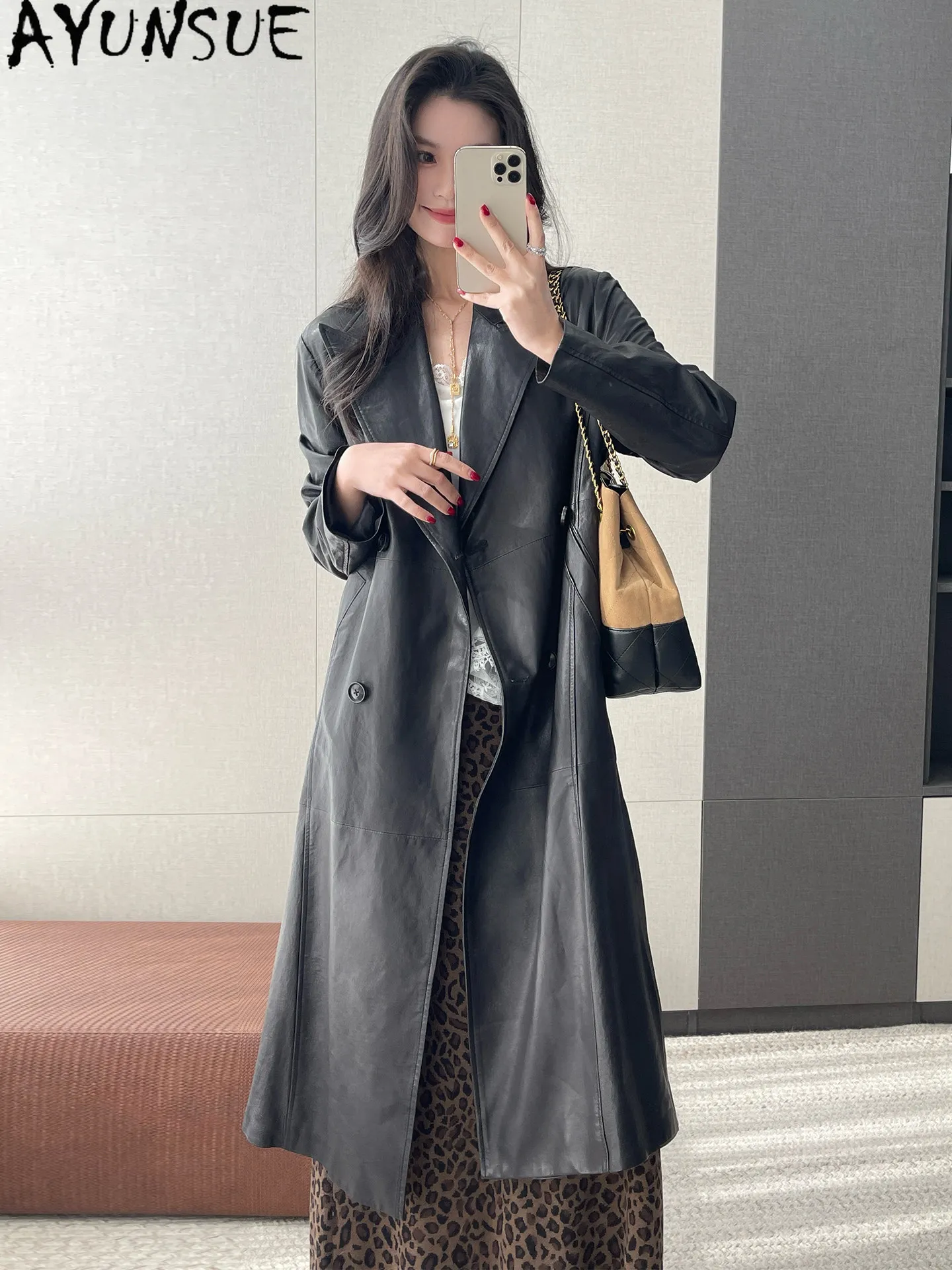 AYUNSUE 100% Sheepskin Real Leather Jacket Women Autumn Clothing Fashion Long Over Knee Womens Coats Loose Fit Casaco Feminino