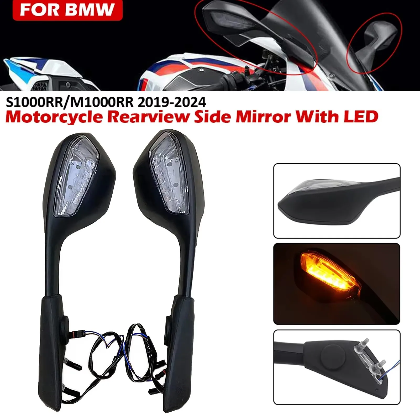 

Motorcycle LED Rearview Mirror With LED Turn Signal Light Side Mirrors For BMW S1000RR M1000RR S 1000RR K67 M1000 RR K66 2019-25