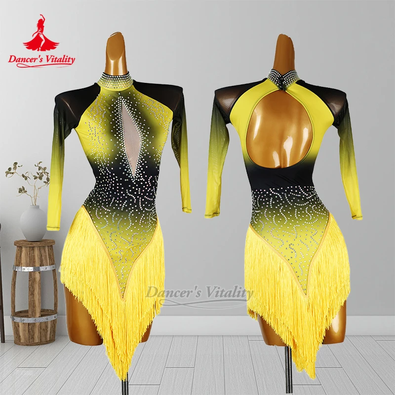 Lateinisch Schwarz-Gelb Abstufung Farbe Chacha Stehkragen Quasten Rock Kind Erwachsene Kunstprüfung Kleiden Anpassen Dancer's Vitality