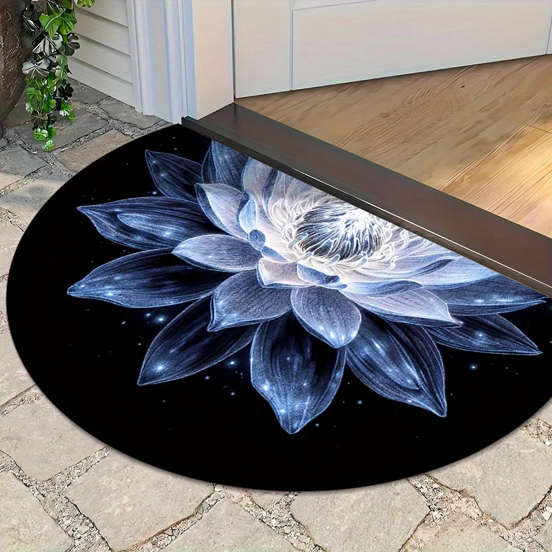 Black Background Glowing Lotus Starry Dreamy Rug For Mystical Porch Playful Vibe Non Slip Decorative Floor Cover