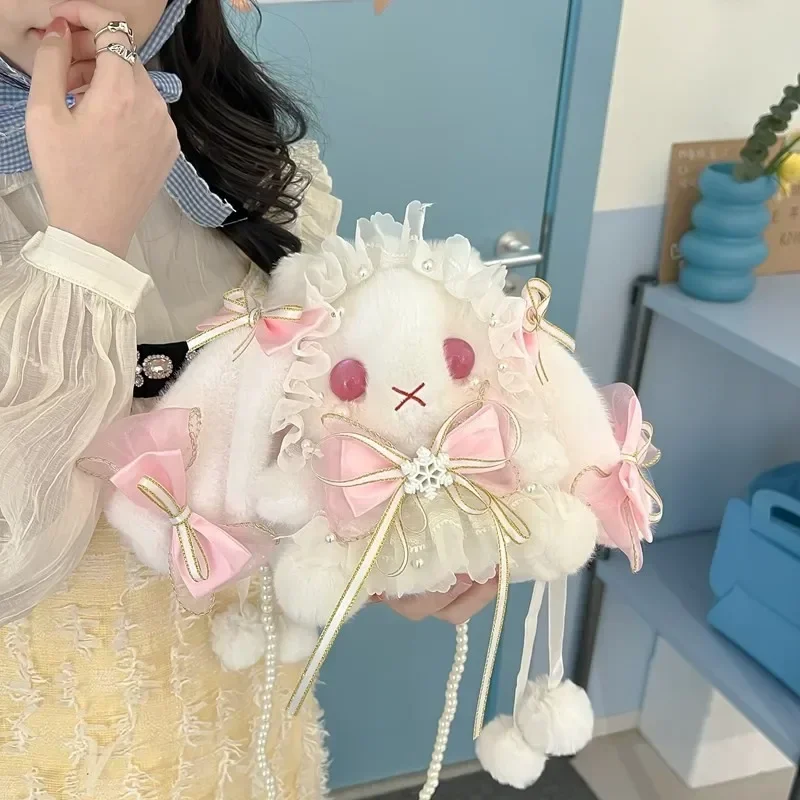 Lolita Beautiful Girl Plush Rabbit Shoulder Bag Plush Lace Bow Rabbit Doll Bag Fashion Princess Wind Eared Rabbit Decorative Bag