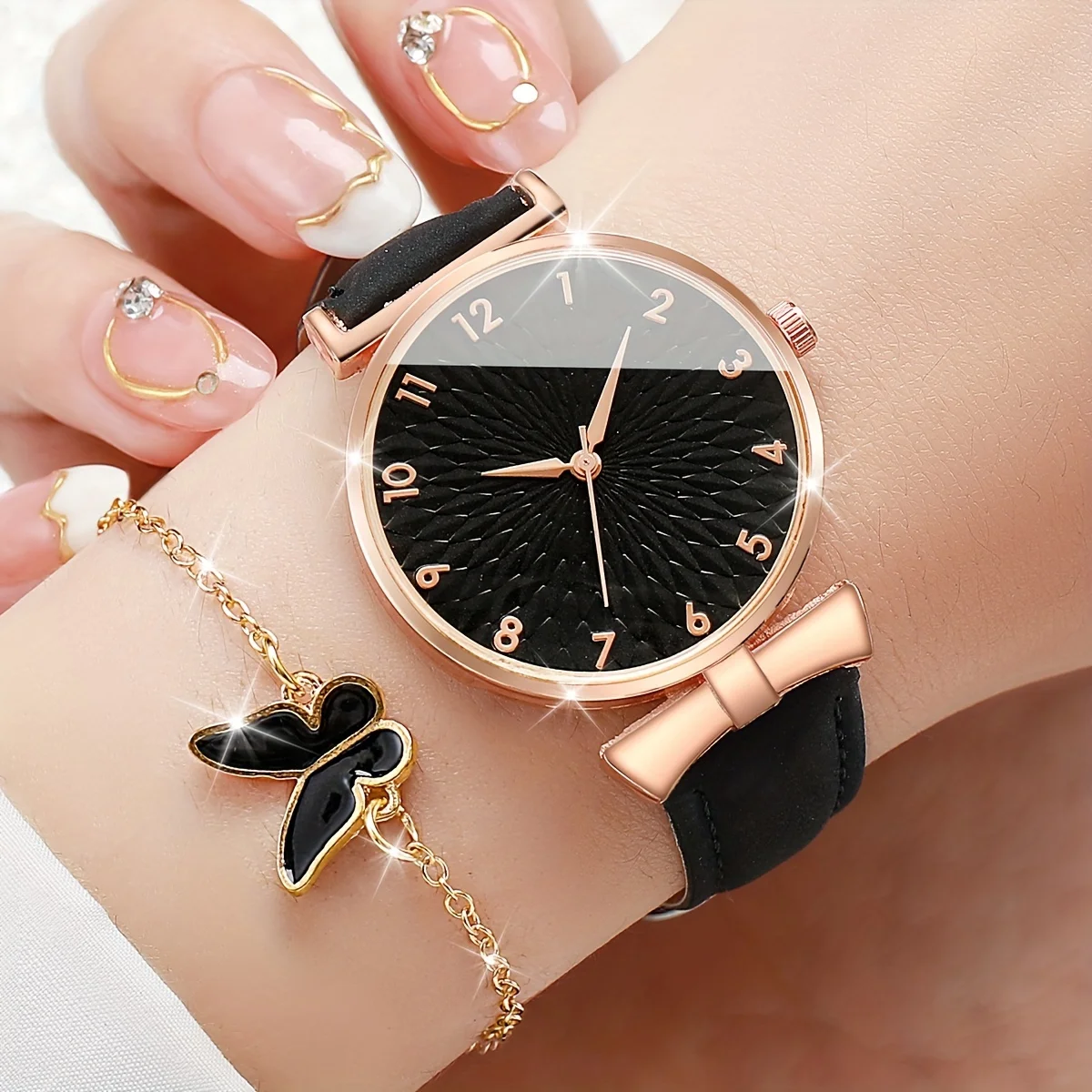 여성용 캐주얼 패션 쿼츠 시계, 아날로그 PU 가죽 손목 시계 및 나비 쥬얼리 세트, 엄마에게 선물, 6 개/세트