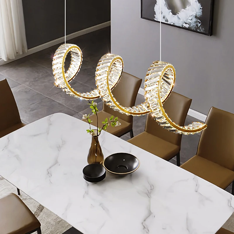 Modern Simple Luxury Led Chandelier Restaurant Spiral Wave Crystal Chandelier Electroplated Stainless Steel Bar Lighting Lamp