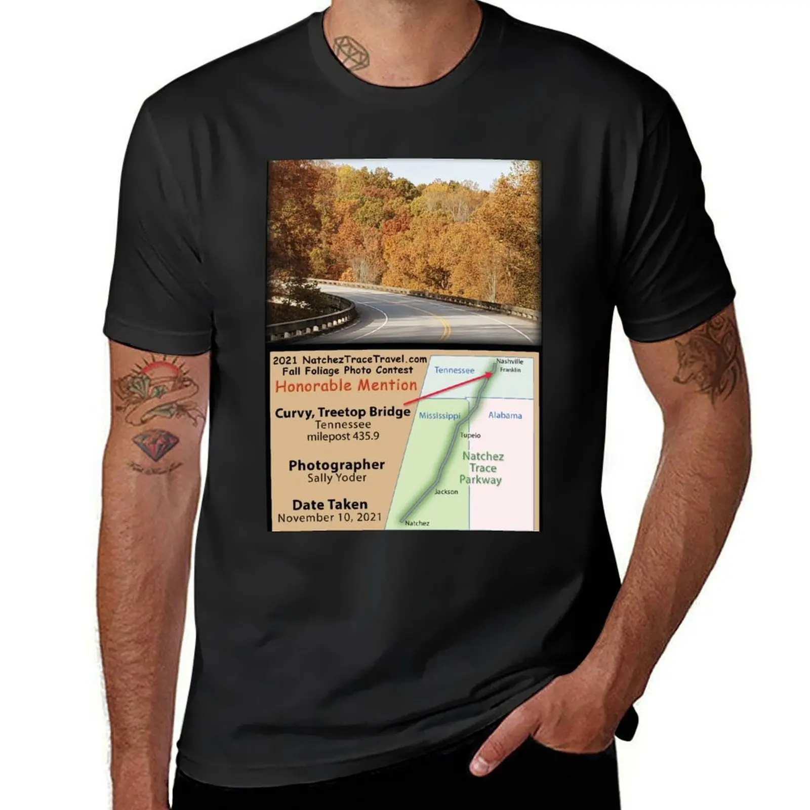 Honorable Mention - 2021 Fall Foliage Photo Contest - Curvy, Treetop Bridge T-Shirt summer top tops sweat shirts, men