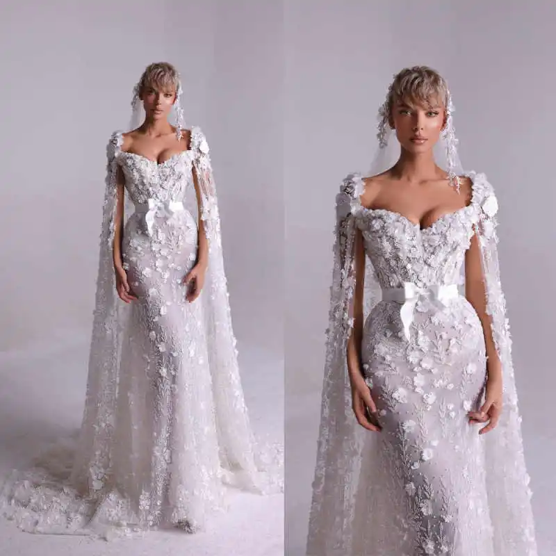 

Gorgeous Beaded Mermaid Wedding Dresses Sleeveless Sweep Train Bridal Gowns 3D Flowers Customized Vestidos De Novia