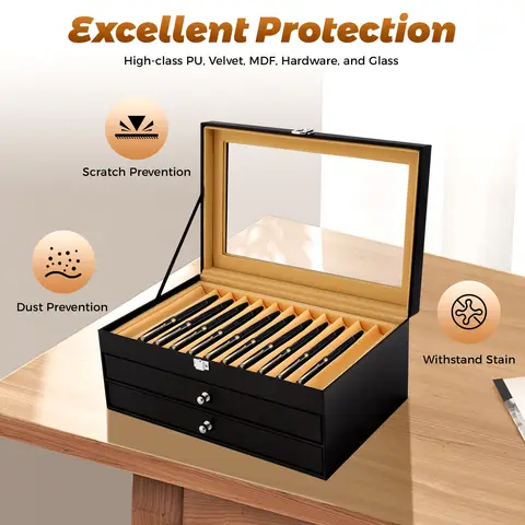 36-Pen Display Box, 3 Tiers Fountain Pen Box Storage Organizer with Drawer, Top Glass Window Pen Collection Display Case