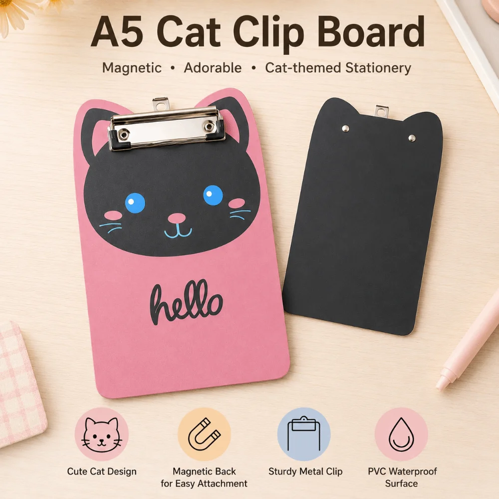 Durable A5 Magnetic Cat Clipboard PVC Low Profile Clip Writing Pad Clamp Portable Cute Paper Folder Office Supplies