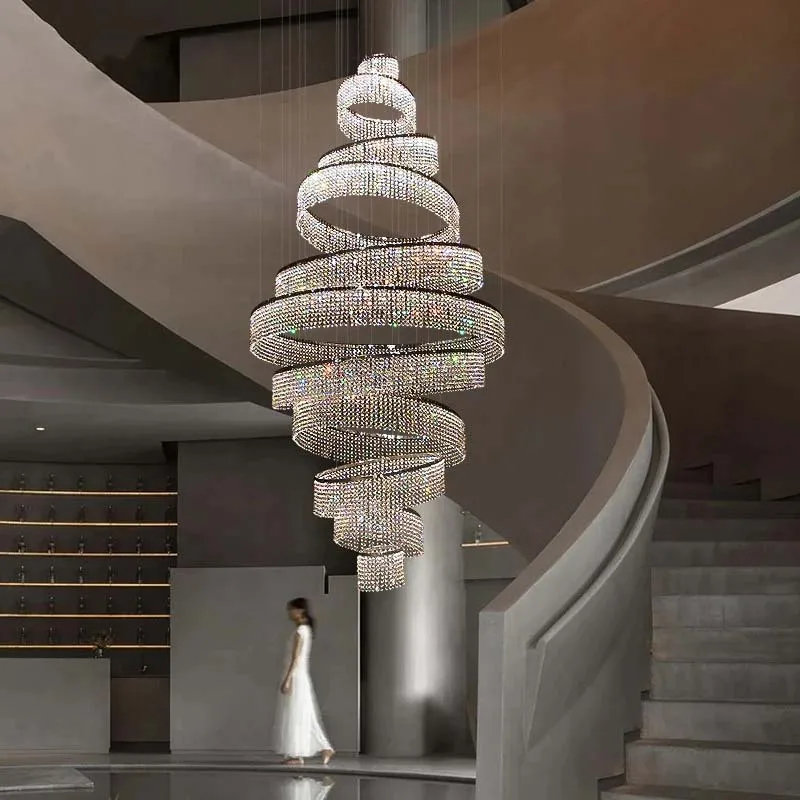 Modern Luxury Staircase Crystal LED Chandeliers Hotel Hall Lobby Large Ring Cristal Hanging Pendant Lighting Chrome Indoor Lamp