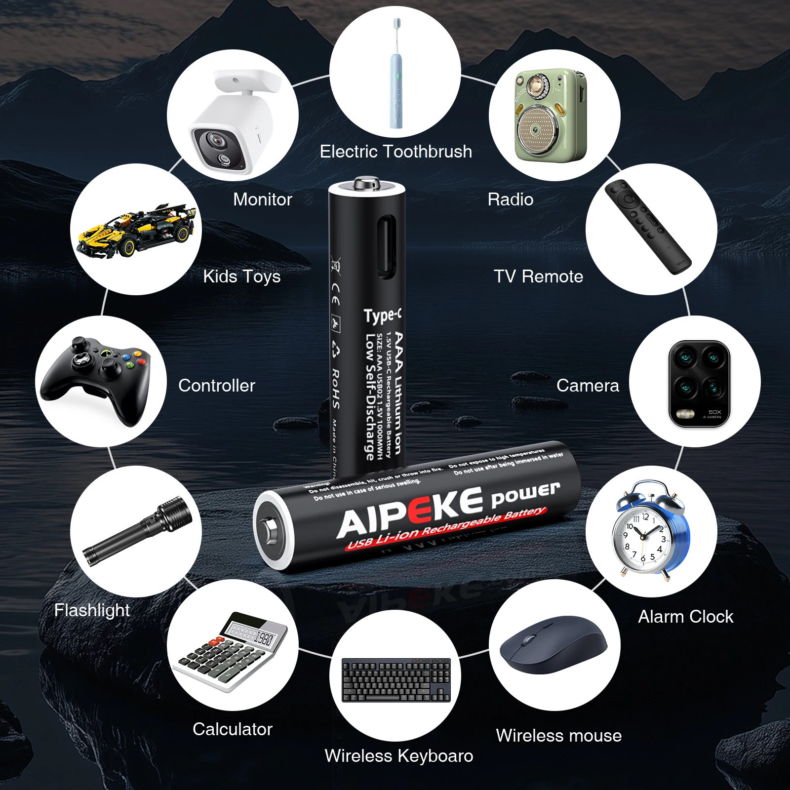 AIPEKE 1.5 فولت Aa بطاريات قابلة للشحن 3300mWh و1.5 فولت Aaa 1000mWh بطارية ليثيوم USB نوع-C منفذ شحن يمكن إعادة استخدامها 1200 مرة