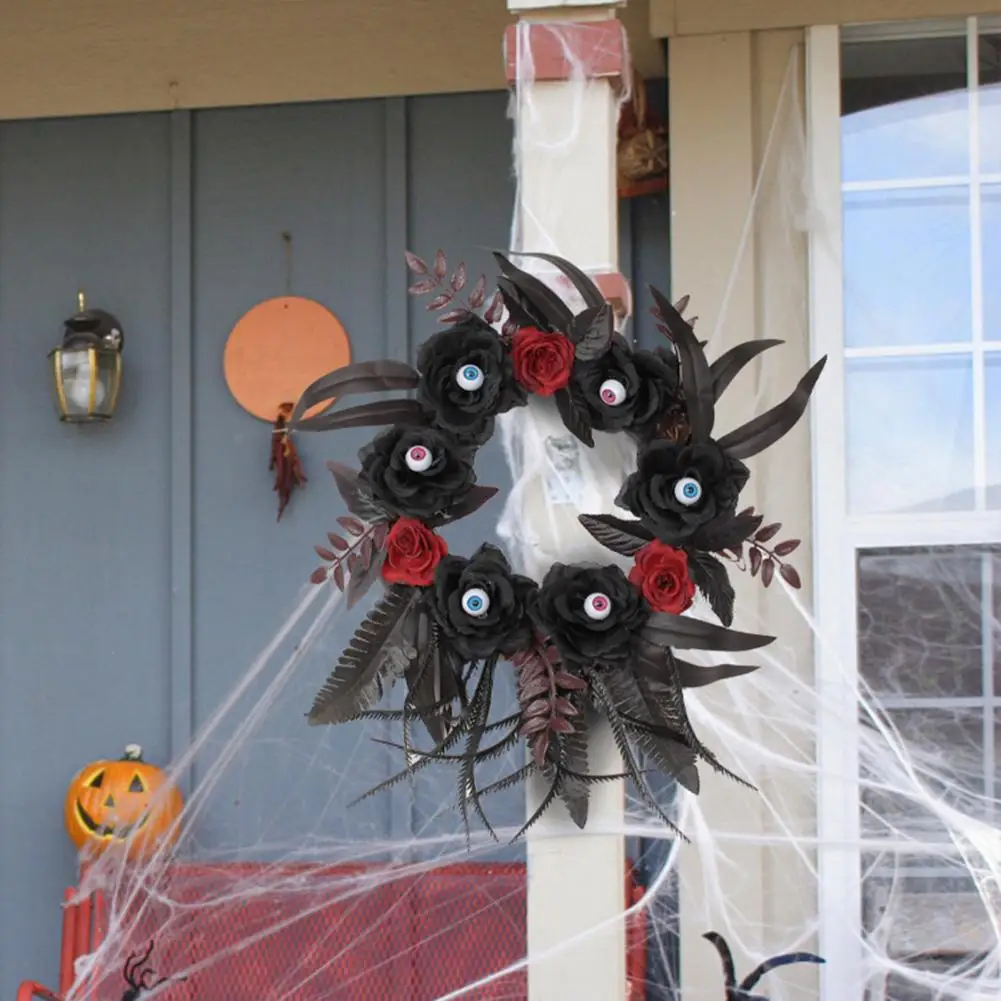 Durable Halloween Decoration Handcrafted Halloween Wreath with Eyeballs Black Roses for Front Door Party Decor Spooky for Window