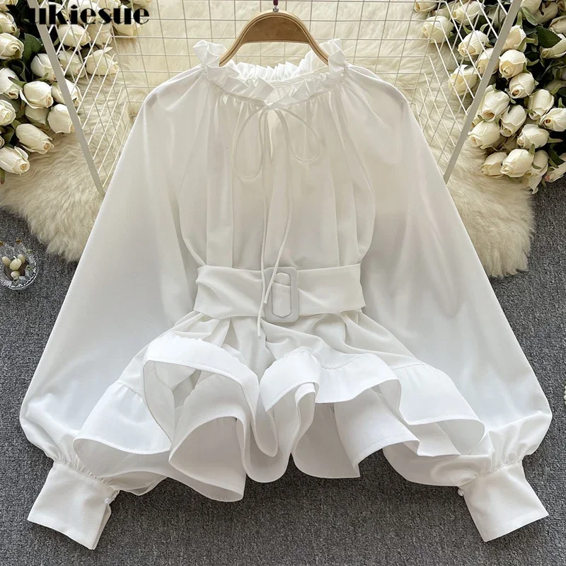 

Женская пышная рубашка с длинными рукавами, весна-осень 2023, новый стиль Y2k, милое корейское издание, пояс на шнуровке, трендовые блузки с рюшами