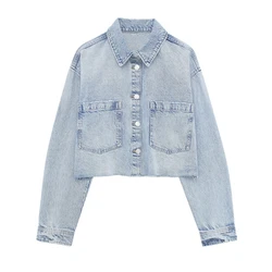 Tangada 2024 New Women Blue Oversize Crop Denim Jacket Boyfriend Style Female Coat Outwear 3H0188