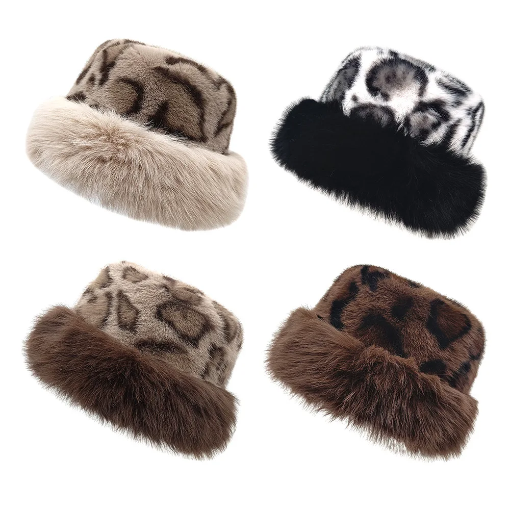 Neuer Retro-Fischerhut aus Plüsch mit Leopardenmuster für Damen, warmer Eimerhut aus Nerzimitat für Herbst und Winter