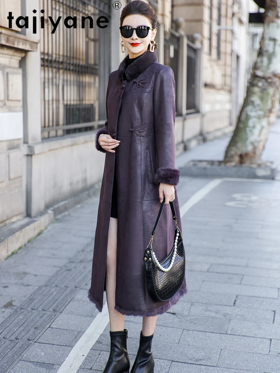 タジヤネ 本物のウサギの毛皮 レディース ロングコート ミンクファー襟付き 高級 スリム 冬用 女性用ジャケット 2025 女性服 レディース服