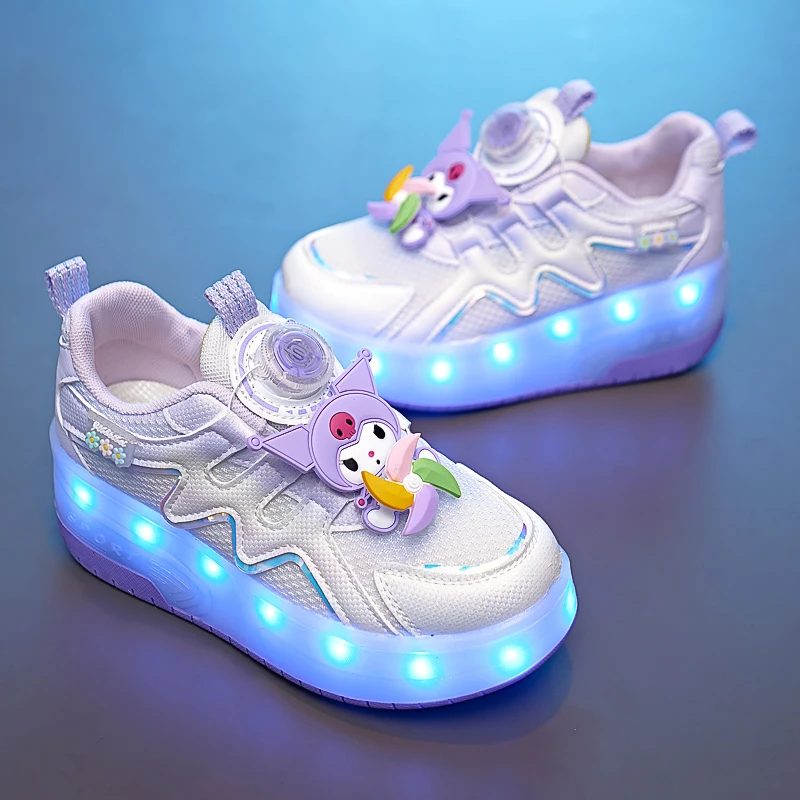 Kids Sneakers Two Wheeled Sports LED Shoes Rotating Button USB Charging Breathable Training Roller Skating Shoes for Children