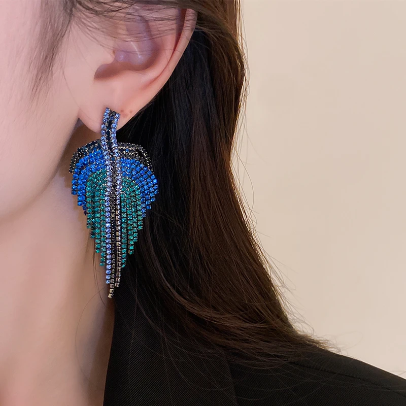 Full Rhinestone Long Tassel Earrings Women Blue Color Fashion Geometric Drop Earring Statement Accessories Party Gifts