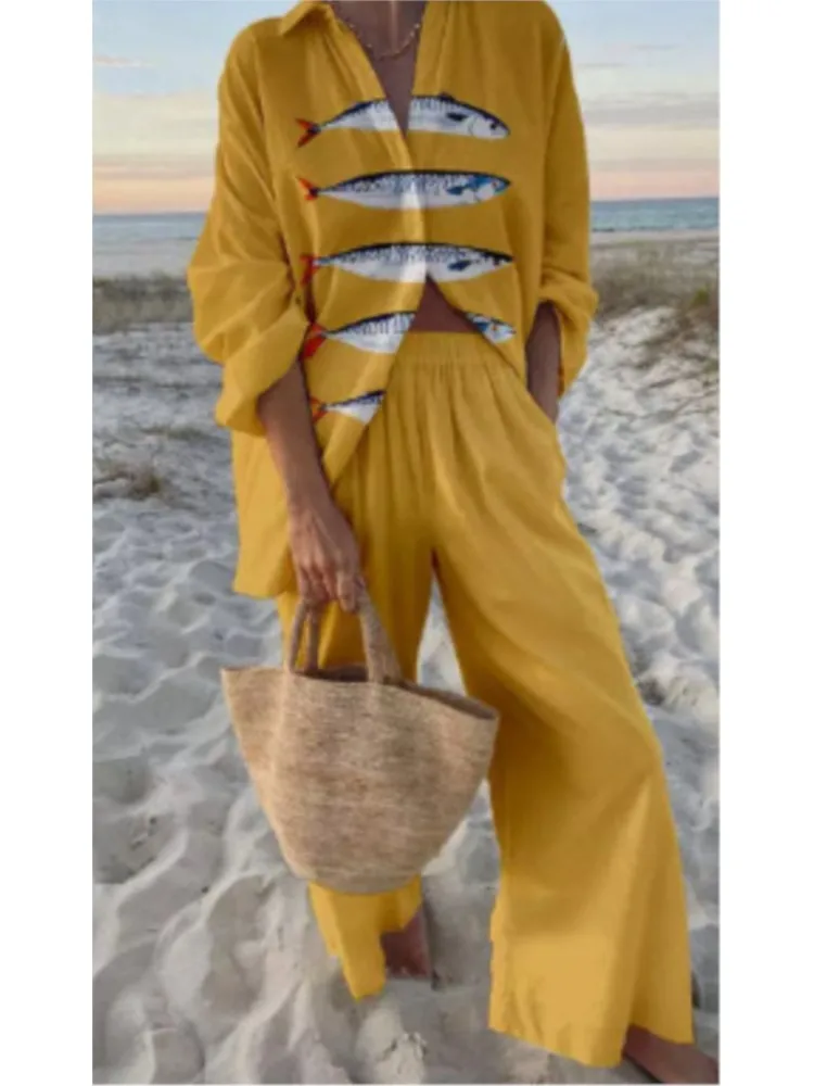 Zomer Nieuwe Vakantie Stijl Cruise Print 2-delige set Revers Shirt + Wijde pijpen Broek Voor Vrouwen Casual Cruise Outfit Strandvakantie