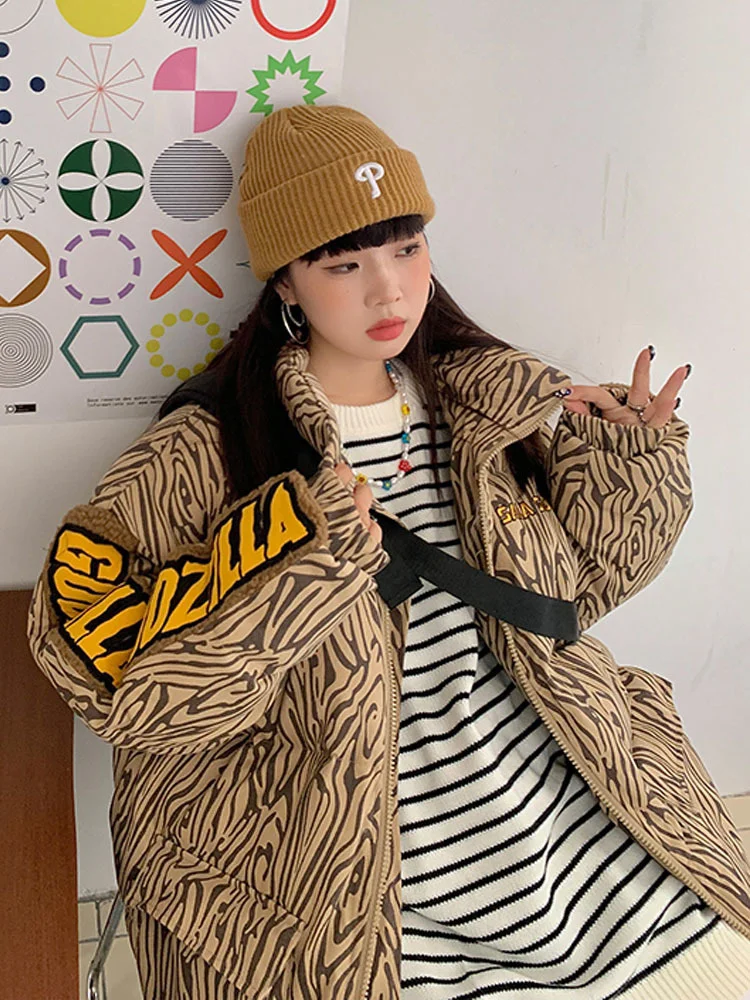 Jacket New Winter Women's Padded Coats Female Oversize Short Parkas Fashion Cuff Zebra Pattern Warm Thick Coat Women