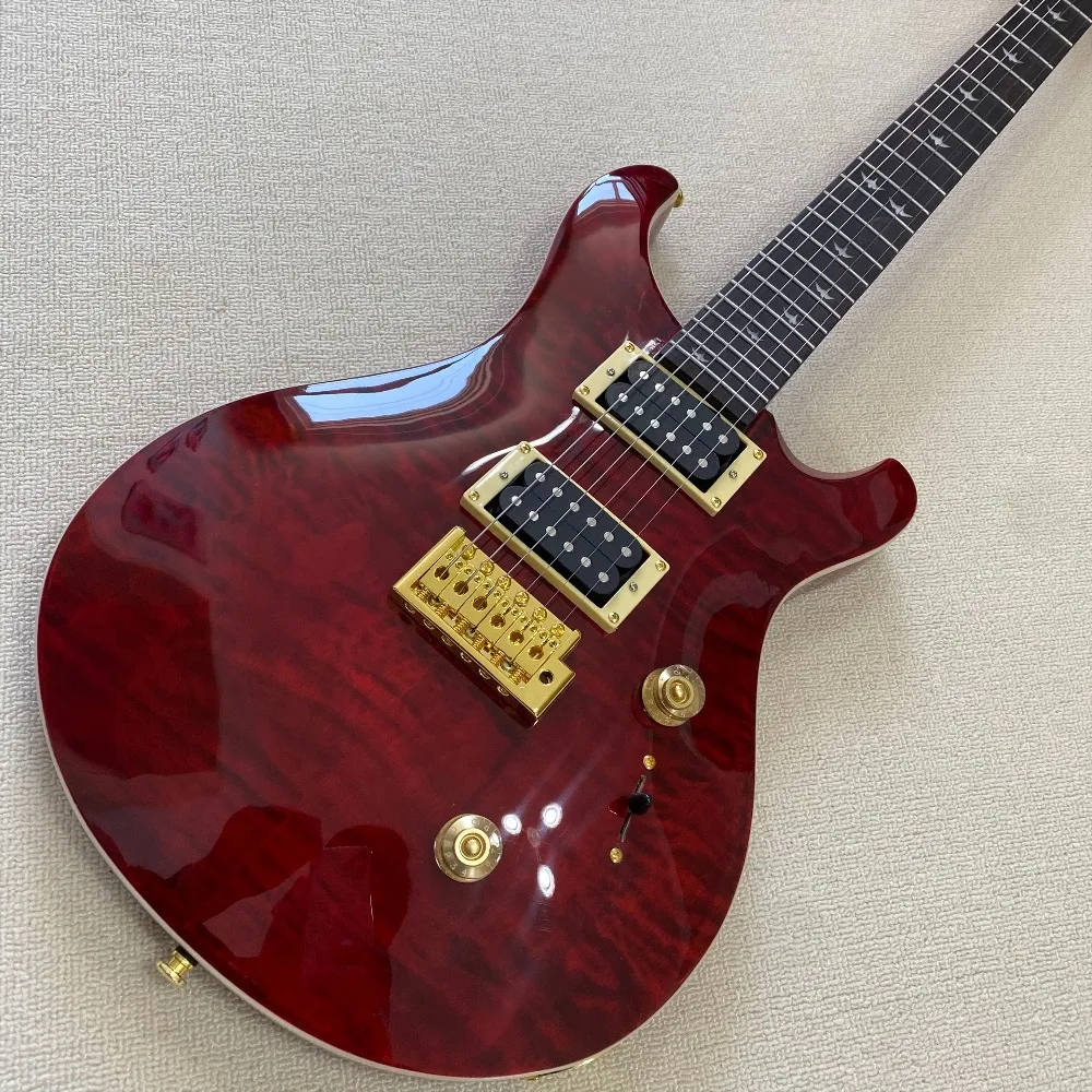Wine Red Quilted Maple 6 String Electric Guitar Solid Mahogany Body Gloss Quilted Veneer For Rock Music Playing