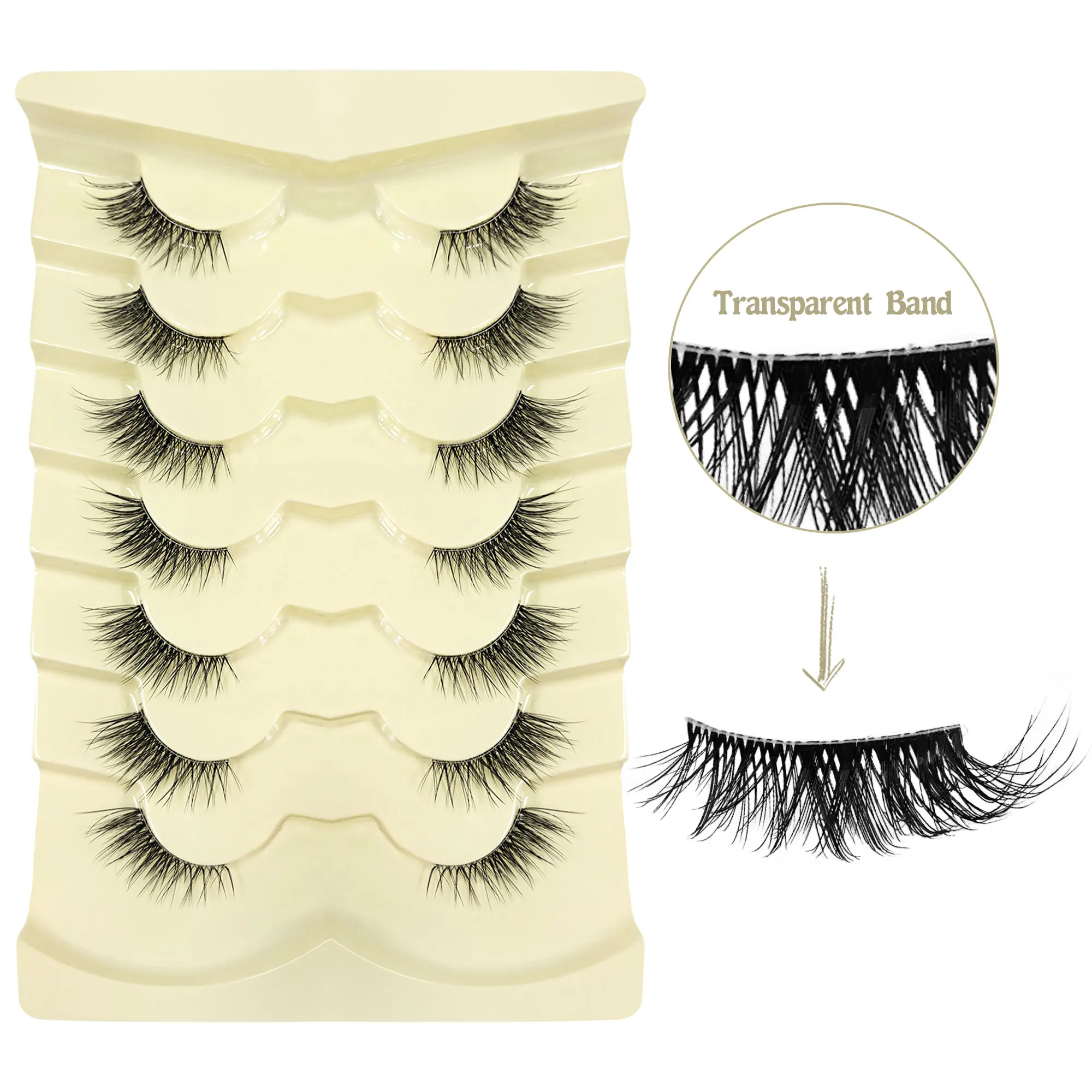 7 paar 3D halve wimpers, transparante band, langwerpige buitenhoeken, zacht en natuurlijk, geschikt voor dagelijks gebruik.