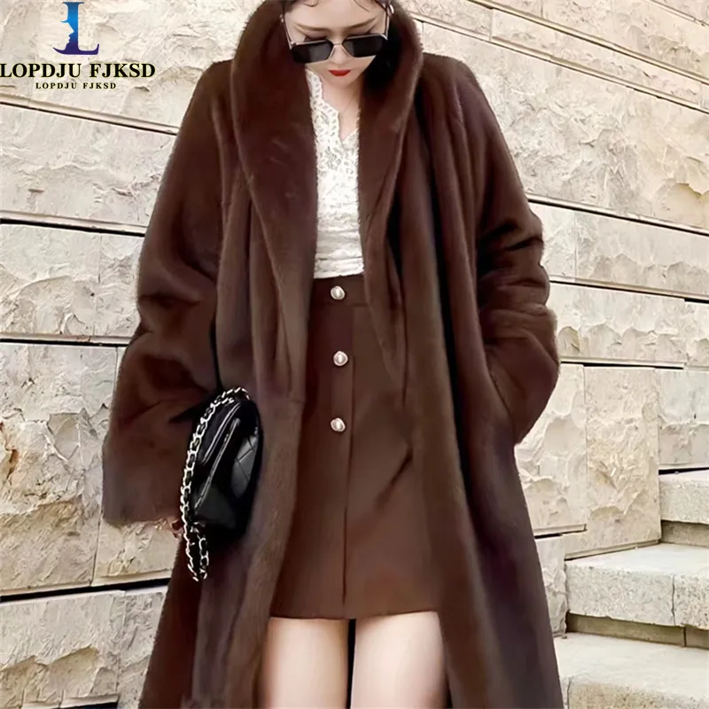 

Women's Covered Button Faux Mink Fur Coat, V-Neck Long Jacket,Thick Warm Clothes,England Style,Autumn and Winter, 2024