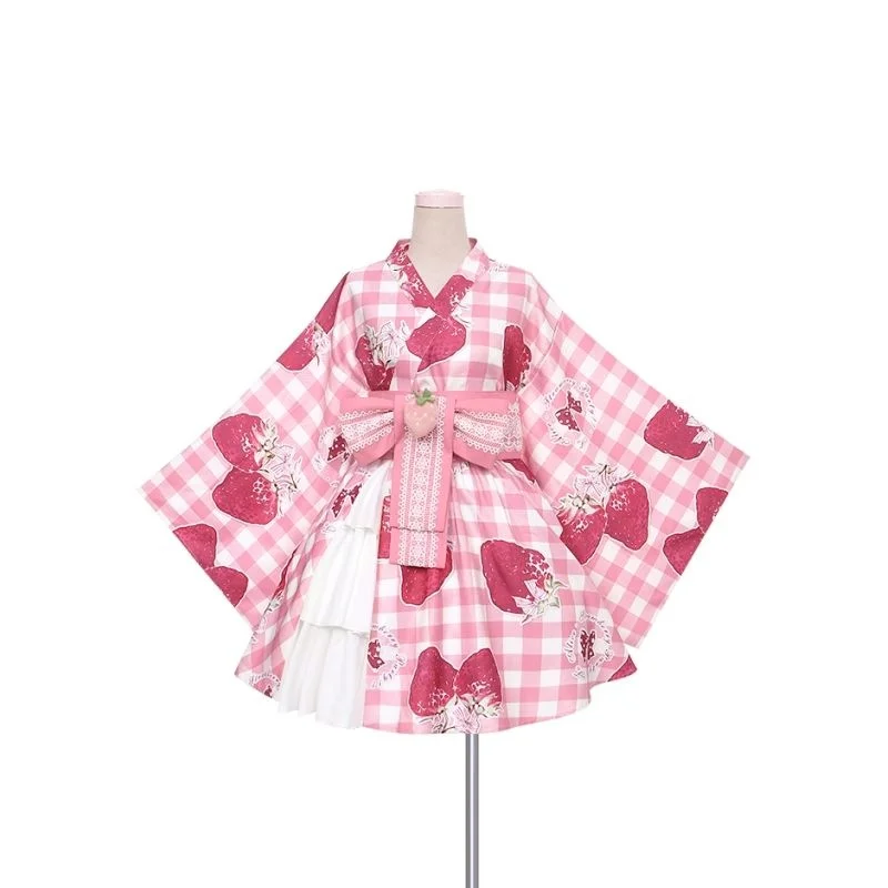 YUIPO – robe Lolita japonaise douce et mignonne, rose, imprimé fraise, Kawaii JSK