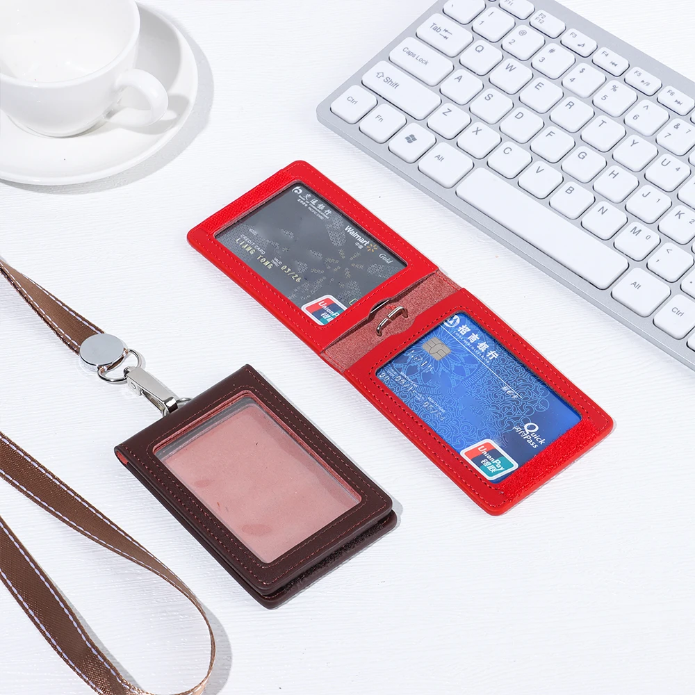 Double Card Badge Holder Genuine Leather ID Lanyard Name Tag Carabiner Style Key Ring Clips Reels Recoil Belt Clip Office Supply