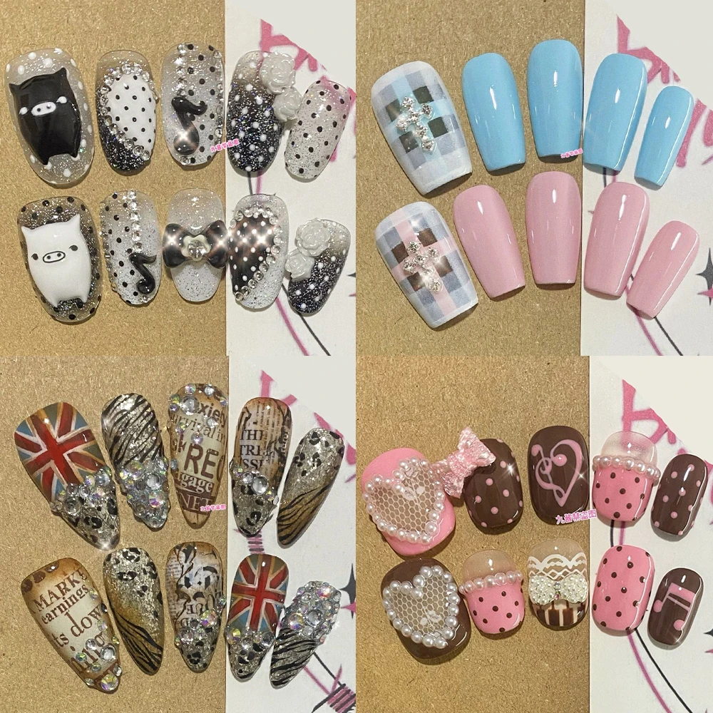 

Y2K Sweet Cool Handmade Short Square Ruond Removable Press On Nails Cute Pig Diamond Pearl Bowknot Wave Point Fake Nails Gift