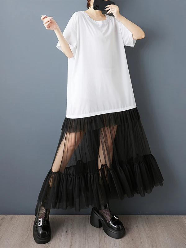 

Casual Mid-Length Women's Dr Summer 2025 Faion Personali Net Gauze Pleated Splicing Loose Design High Waist Korean Sle