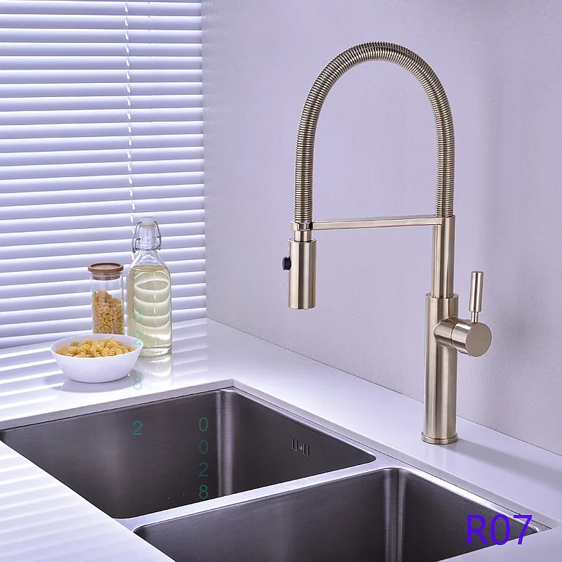 Kitchen Pull Out Faucet Spring Swivel Cold Hot Water Brushed Gold 2 Function